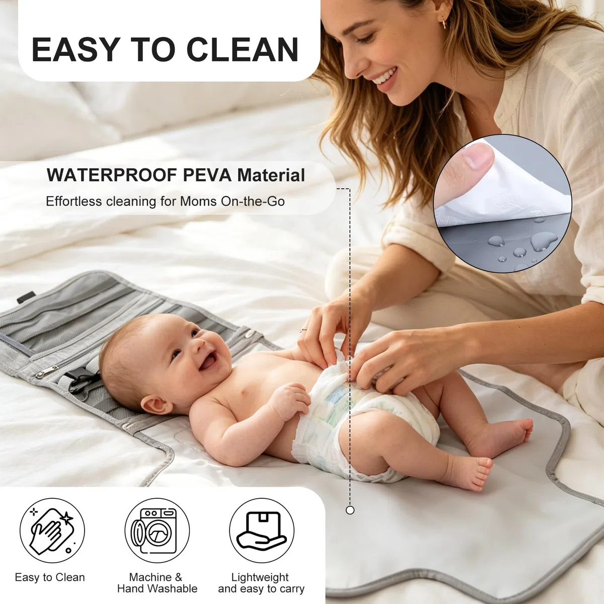 VINATO Cambiador Bebé Portátil, Cambiador Bebe Plegablee con Bolsillo Toallitas Húmedas, 70 x 56 cm, con 5 Bolsillos, Diseño Desmontable, Impermeable y Lavable para Viajes (Gris)