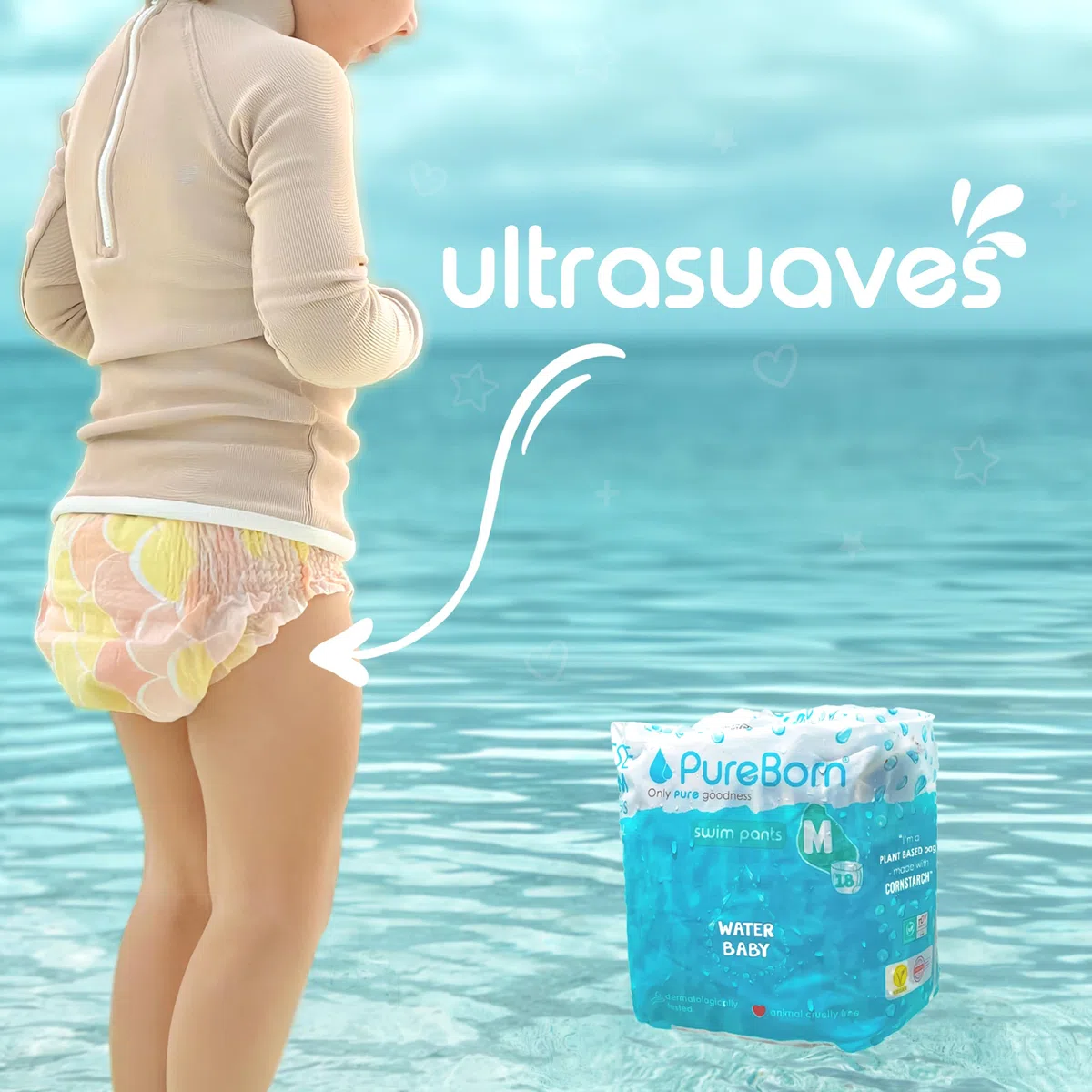 PureBorn Pañal Bañador Desechable, Swim Pants, Talla M (6-11kg), 18 unidades, Diseñados para la Playa y la Piscina, Ultra-Suaves, Elásticos, Sin Fugas, Estampados de Verano