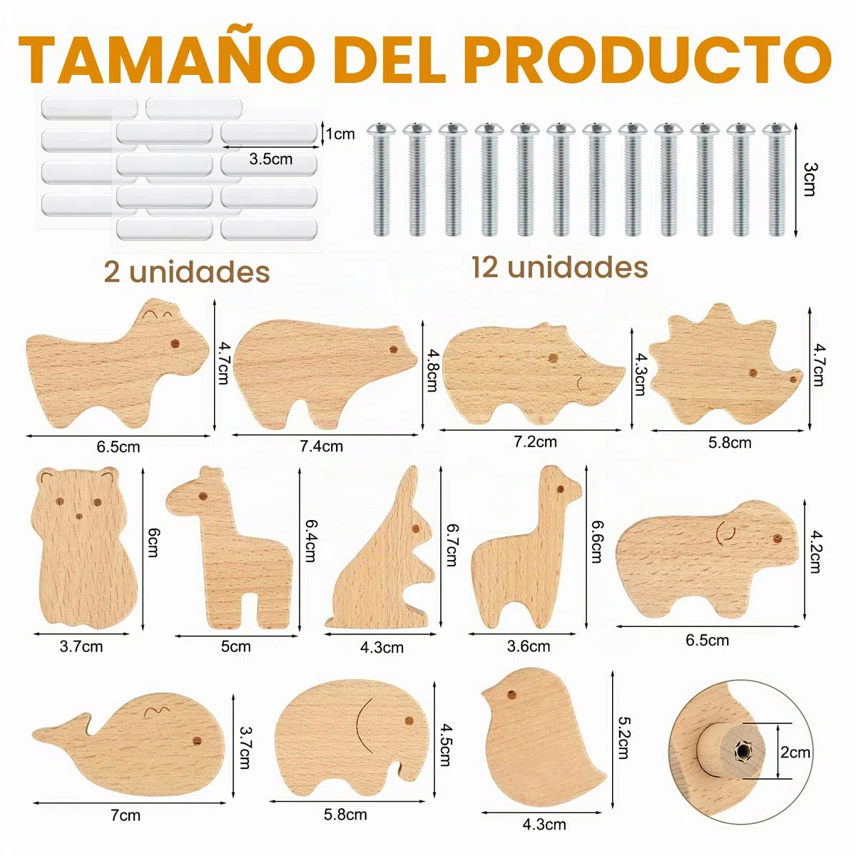 12 PCS Tiradores Cajones, Pomos y Tiradores Infantiles Madera, Pomos de Armario con Tornillos, Tiradores de Madera para Cajones, Armarios, Cómodas, Bebe Habitacion