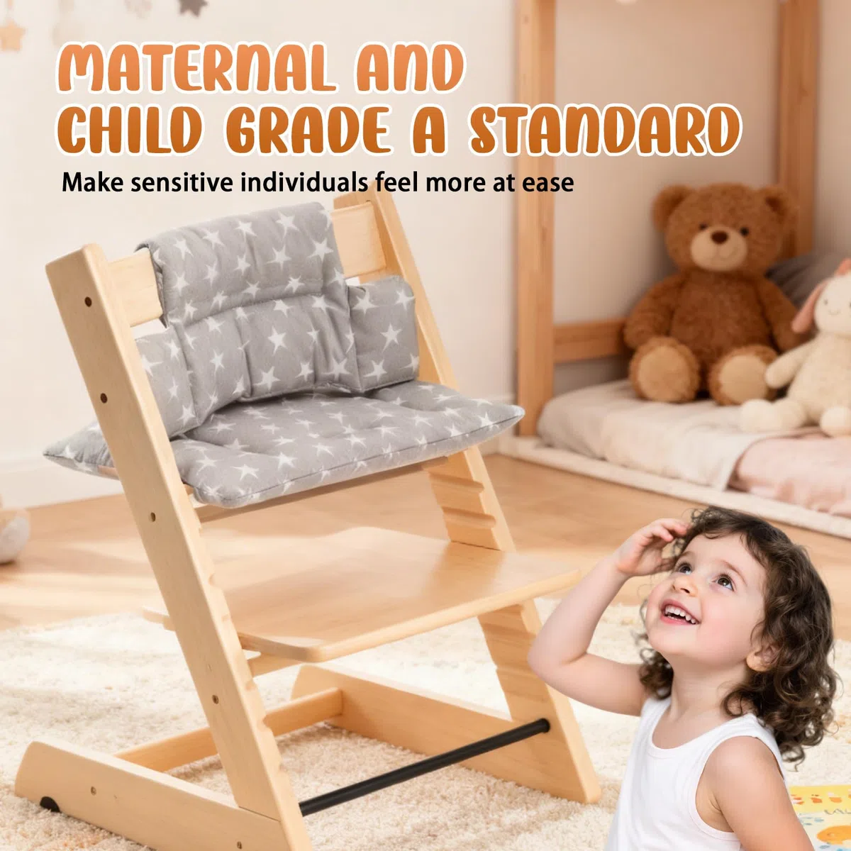 Cojín de asiento GOEDCH para trona Stokke Tripp Trapp: Cojín para trona Stokke Tripp Trapp con cierre de velcro suave y cojín de asiento extraíble de algodón orgánico suave (gris, pentagrama).