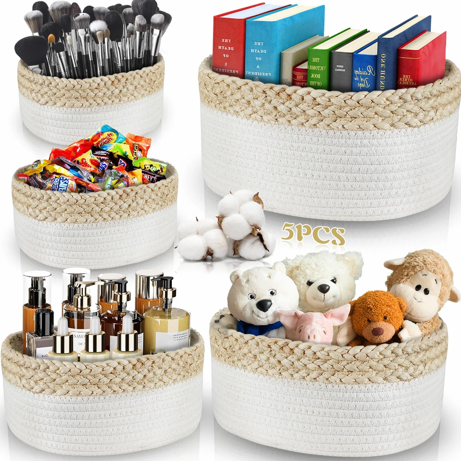 ENCOUN 5PCS Cestas Almacenaje de Cuerda de Algodón, Cesta Organizadora Bebe, Cestas Almacenaje Baño, Apilable Cestos Organizadores, Juego Cestas Organizadoras para Baño, Armarios, Salones, Juguetes