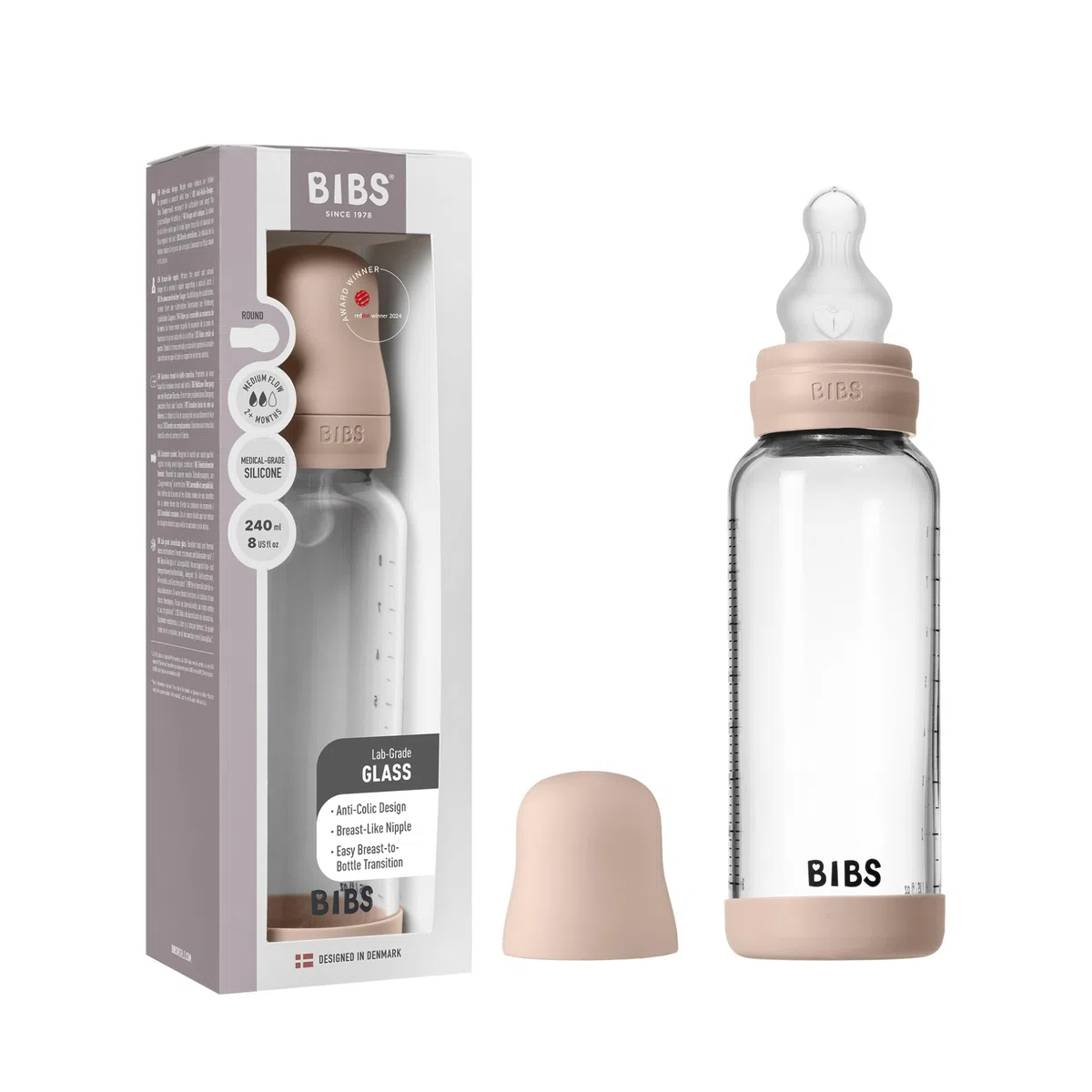 BIBS Baby Glass Bottle. Anticólicos. Tetina redonda de Silicona. Favorece la lactancia natural, 240ml, Complete Set - Blush