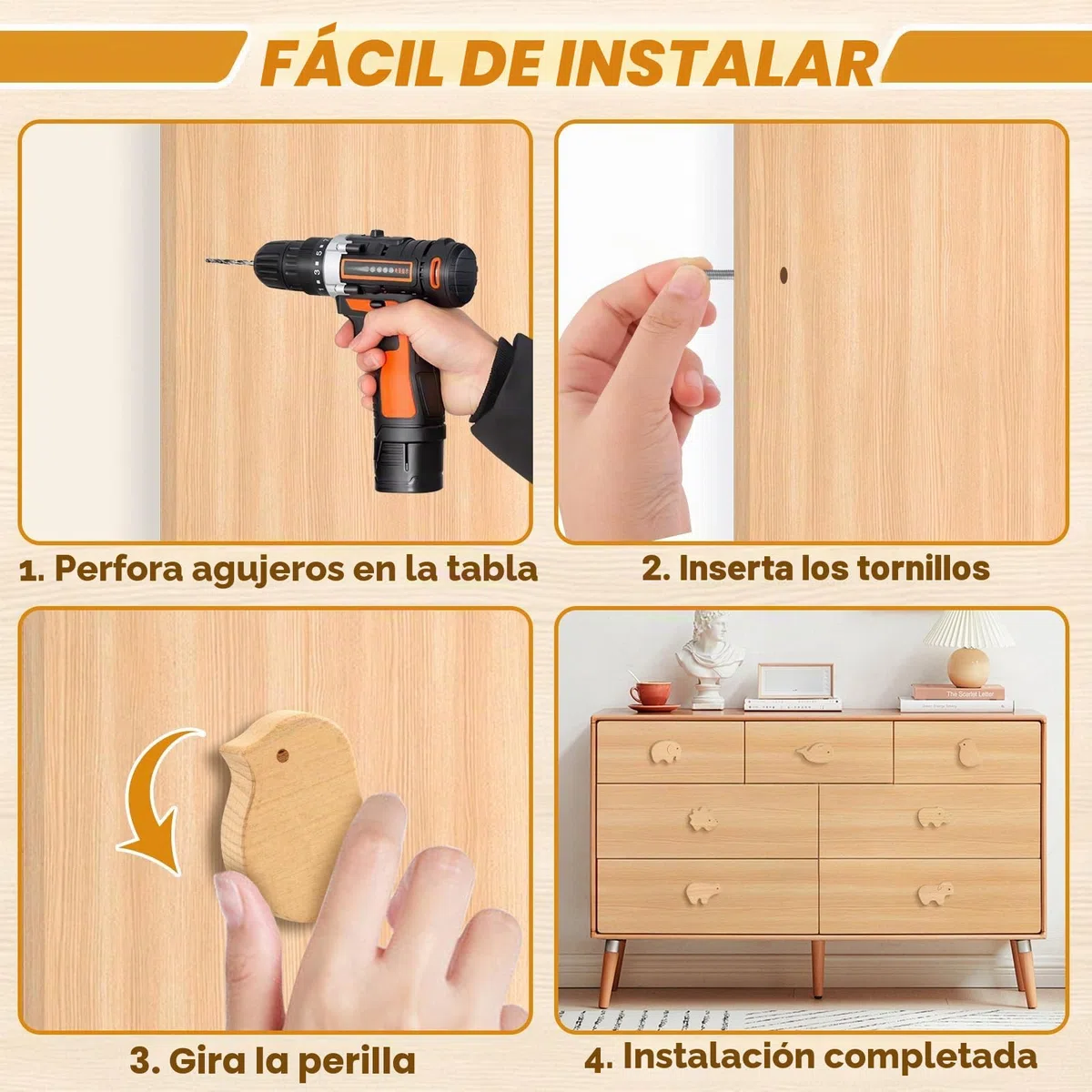 12 PCS Tiradores Cajones, Pomos y Tiradores Infantiles Madera, Pomos de Armario con Tornillos, Tiradores de Madera para Cajones, Armarios, Cómodas, Bebe Habitacion