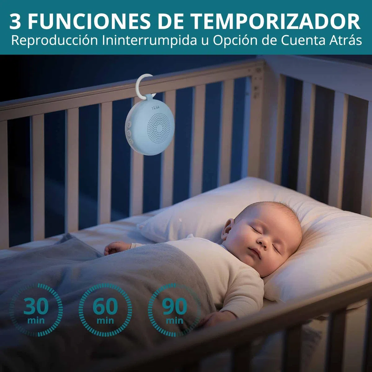Máquina de Ruido Blanco para Dormir Bebé, Máquina de Sonido Portátil con 12 Sonidos Relajantes, Luz Nocturna de 6 Velocidades, Función de Memoria y 3 Temporizadores para Bebés, Adultos-Azul