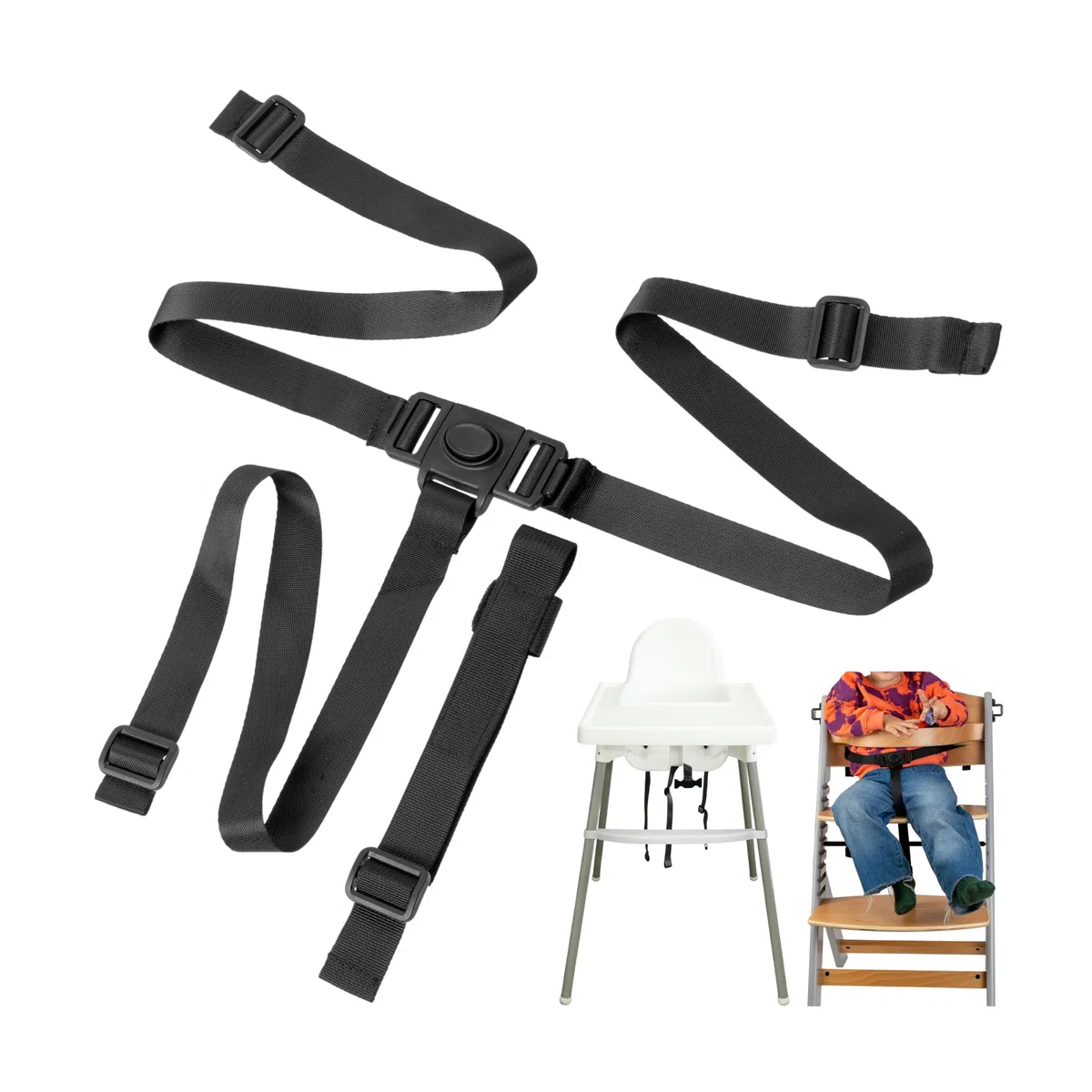 Sistema de arnés de 3 puntos para trona, 1 juego, compatible con bebeconfort, IKEA, Kinderkraft, Safety 1st, y muchos más, en negro, con correa de entrepierna, arnés de seguridad ajustable para trona