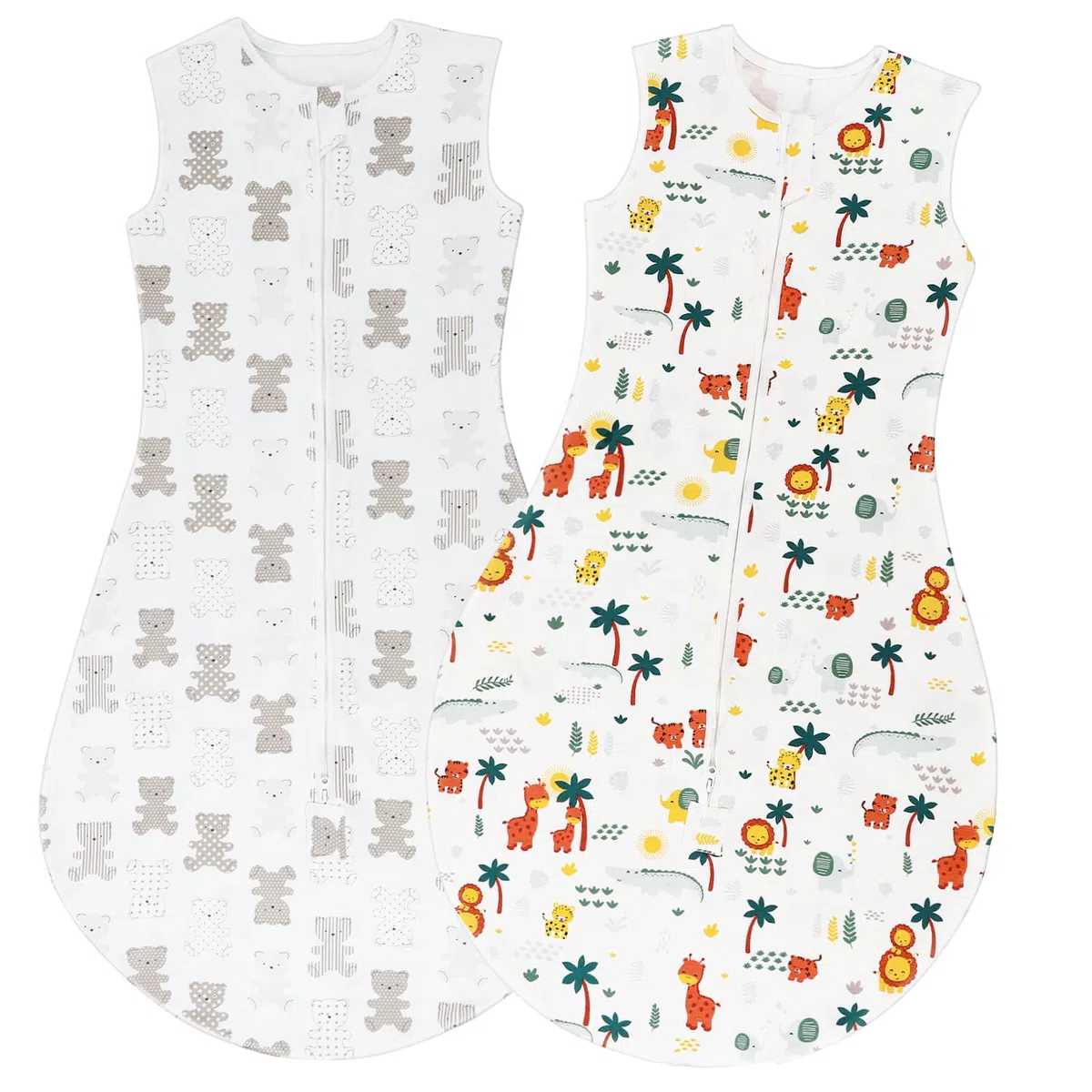 Saco Dormir Bebe Verano, 2Pcs 0.5 Tog Saco de Dormir Bebe Unisex, 100% Algodón Transpirable, Ajustable Saco Bebe, Animales de Dibujos Animados
