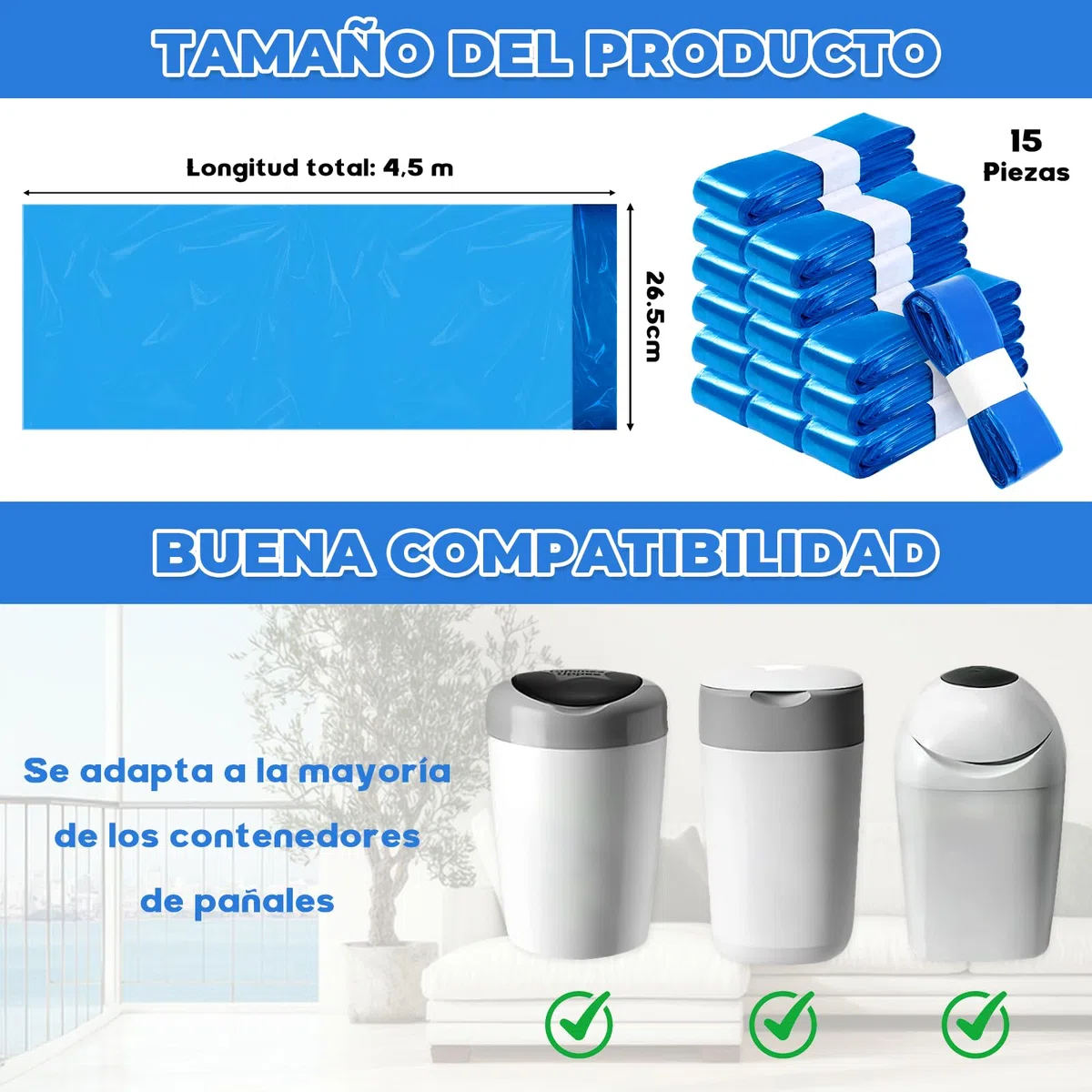 15 Piezas Recambio Papelera Pañales Engrosadas Buen Sellado de la 4.5m Bolsas Basura Pañales Fuerte Compatibilidad Compatible con Recambios Tommee Tippee Recambios Papelera
