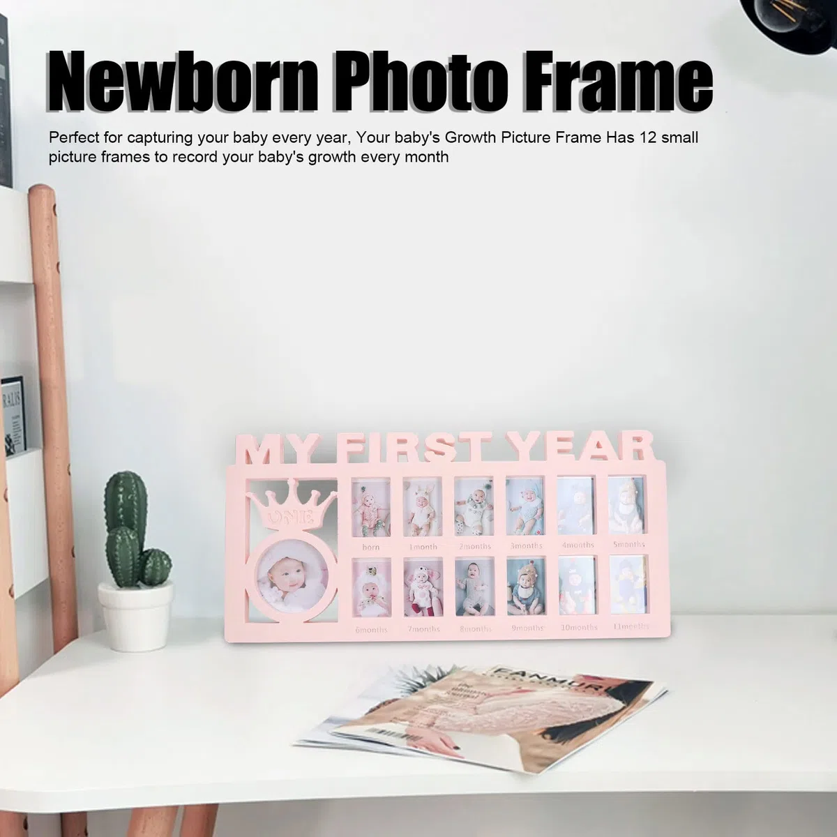 Marco de Fotos de bebé Recién Nacido, Mi Primer Año Robusto Pulido 12 Pequeños Marcos de Imagen Registro Mensual Crecimiento bebé Escritorio Foto Marco Titular Decoración (Rosa)