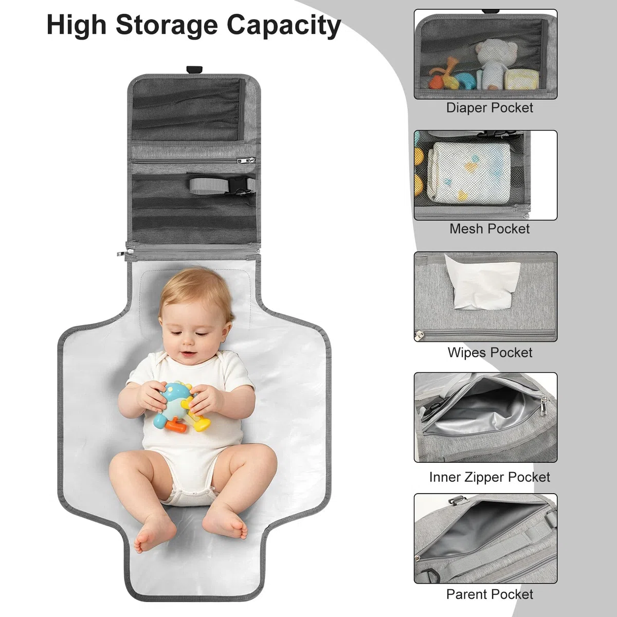 VINATO Cambiador Bebé Portátil, Cambiador Bebe Plegablee con Bolsillo Toallitas Húmedas, 70 x 56 cm, con 5 Bolsillos, Diseño Desmontable, Impermeable y Lavable para Viajes (Gris)