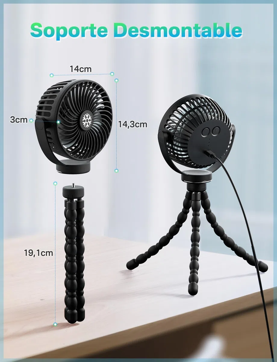 Ventilador Portátil de 5200mAh para Bebé en Cochecito, Soporte de Silicona Desmontable Ideal para Paseos y Viajes, 3 Velocidades + Luz Nocturna, Carga USB-C, Perfecto para Interior y Exterior