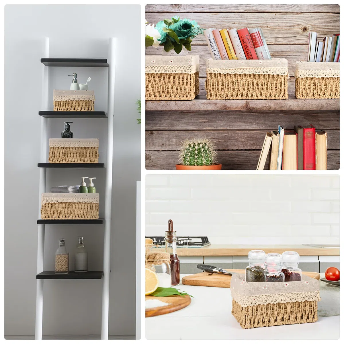 Czemo Cestas Almacenaje Cesta Tejida 3 Piezas cajas almacenaje cesta mimbre cesta decorativa para Bodas Cocinas canasta de juguetes Estantes oficinas mesa de comedor habitación infantil sala de estar