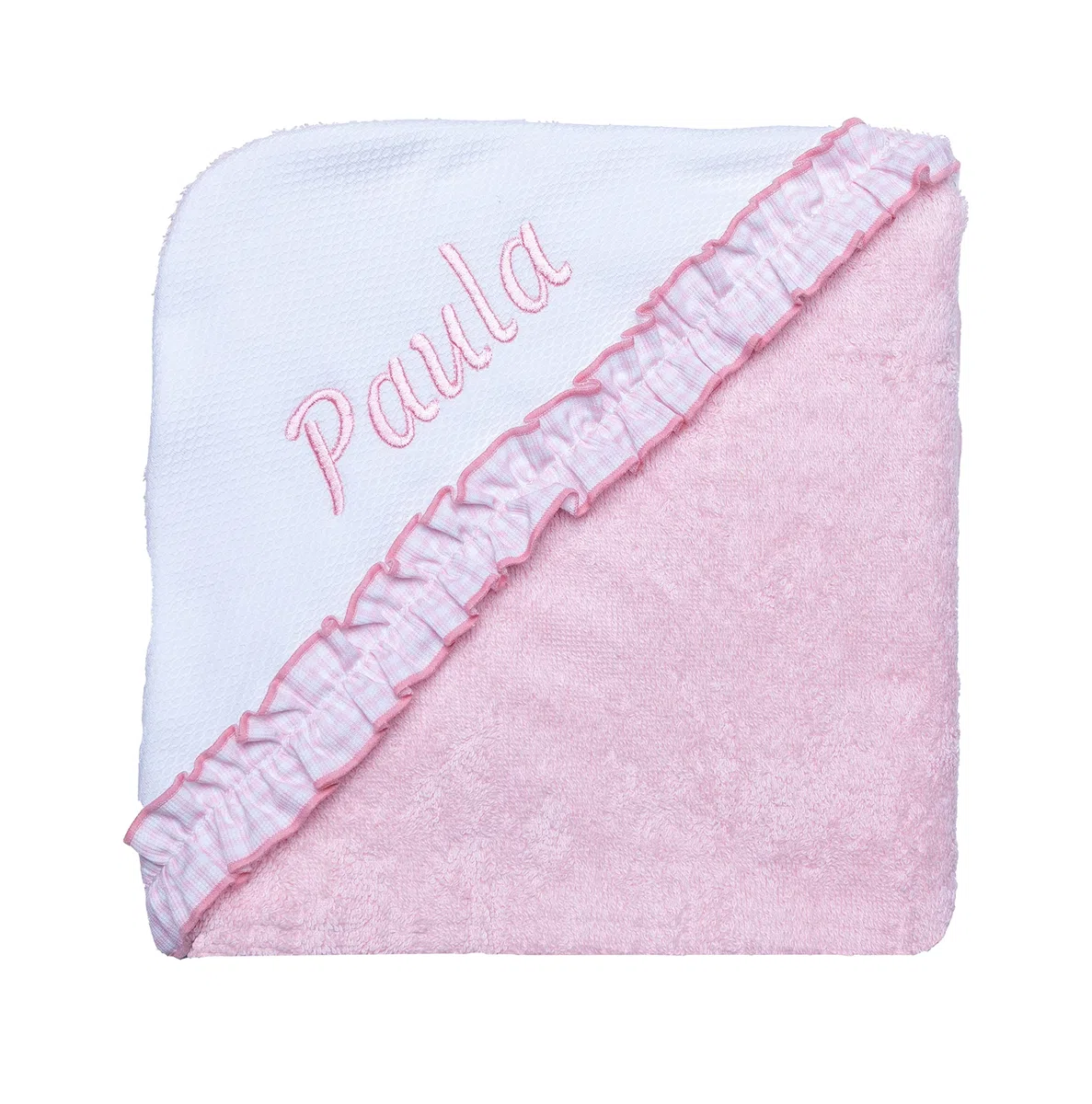 Capa de baño para Bebe 100% Algodon 75x75cm .Toalla de baño con Capucha suabe .Regalo recién Nacido. Multiusos.Personalizado con Nombre Bordado (Personalizado Vichy Rosa)