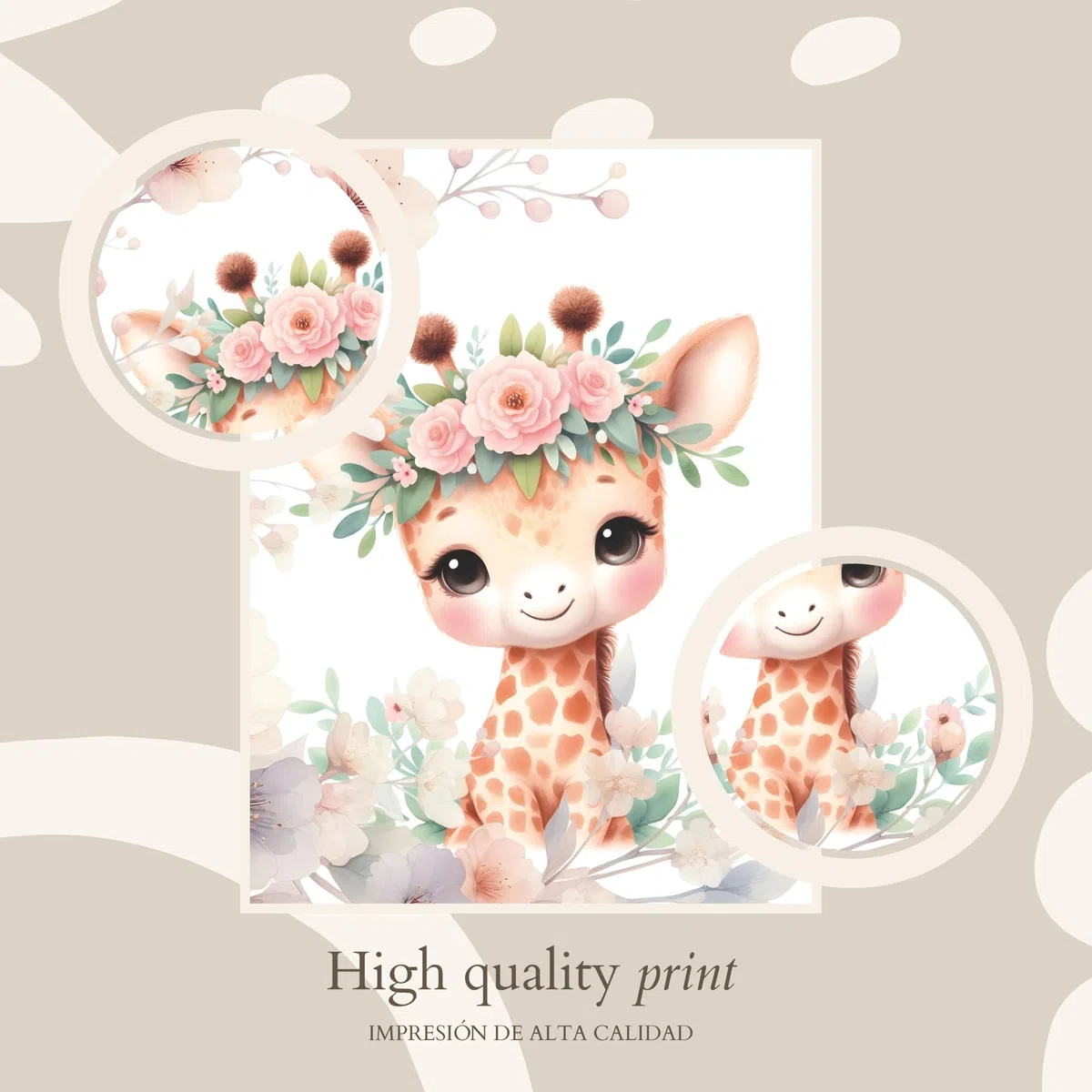 ayurvana Set 3 Láminas Infantiles Personalizadas Niña - Cuadros Animales Safari con Nombre e Inicial Flores - Decoración Habitación Bebé Regalo Nacimiento Bautizo Baby Shower (Sin Marco) A3