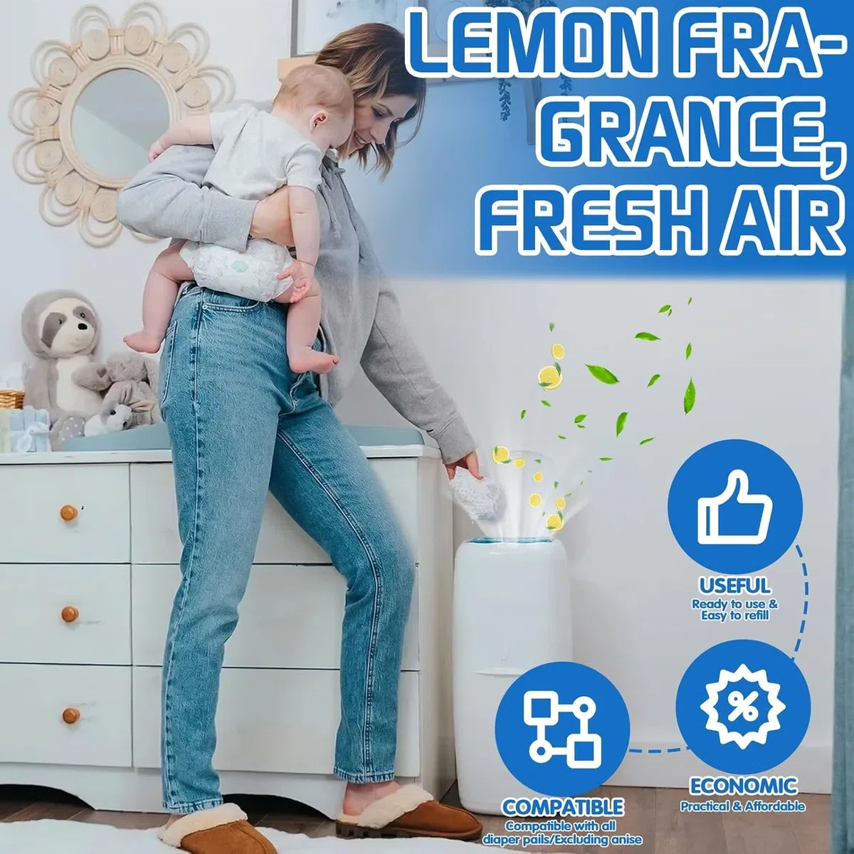 Paquete de 15 Recambio Papelera Pañales, Bolsa Pañales 7 Capas Resistente al Desgarro, Antiolor, Recambios Cubos de Pañales Compatible con Todos Contenedores de Pañales