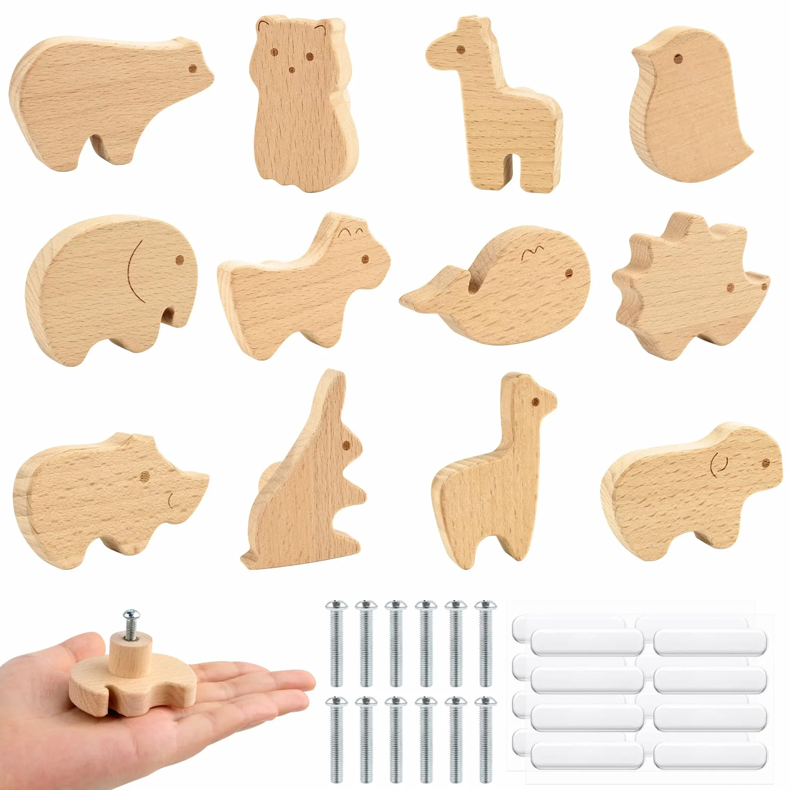 12 PCS Tiradores Cajones, Pomos y Tiradores Infantiles Madera, Pomos de Armario con Tornillos, Tiradores de Madera para Cajones, Armarios, Cómodas, Bebe Habitacion