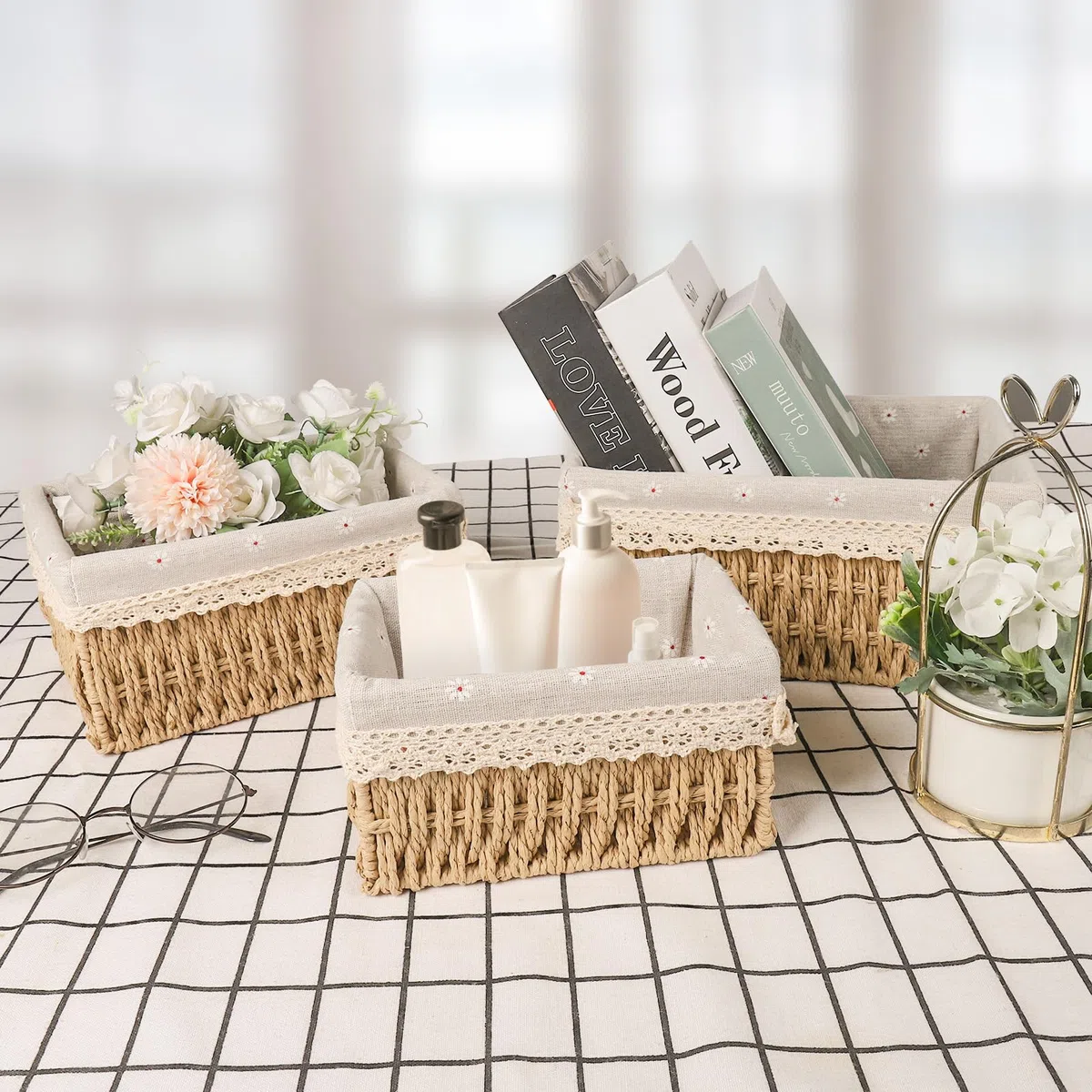 Czemo Cestas Almacenaje Cesta Tejida 3 Piezas cajas almacenaje cesta mimbre cesta decorativa para Bodas Cocinas canasta de juguetes Estantes oficinas mesa de comedor habitación infantil sala de estar