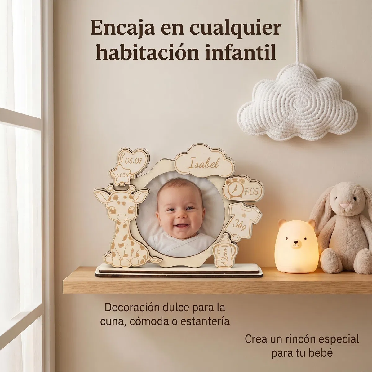 Marco de Foto de Madera Personalizado Bebé, Recuerdo de Bautizo y Nacimiento, Marco Grabado con Nombre Fecha y Datos de Nacimiento, Decoración Habitación Infantil Regalo Original (Modelo 5)