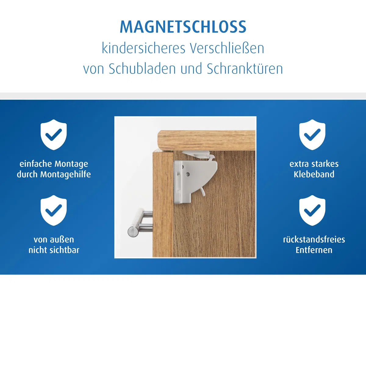reer Cerradura magnética | 8 unidades en bolsa de papel | seguro magnético para niños | seguro para armarios y cajones para pegar | seguridad para bebés y niños | equipamiento inicial