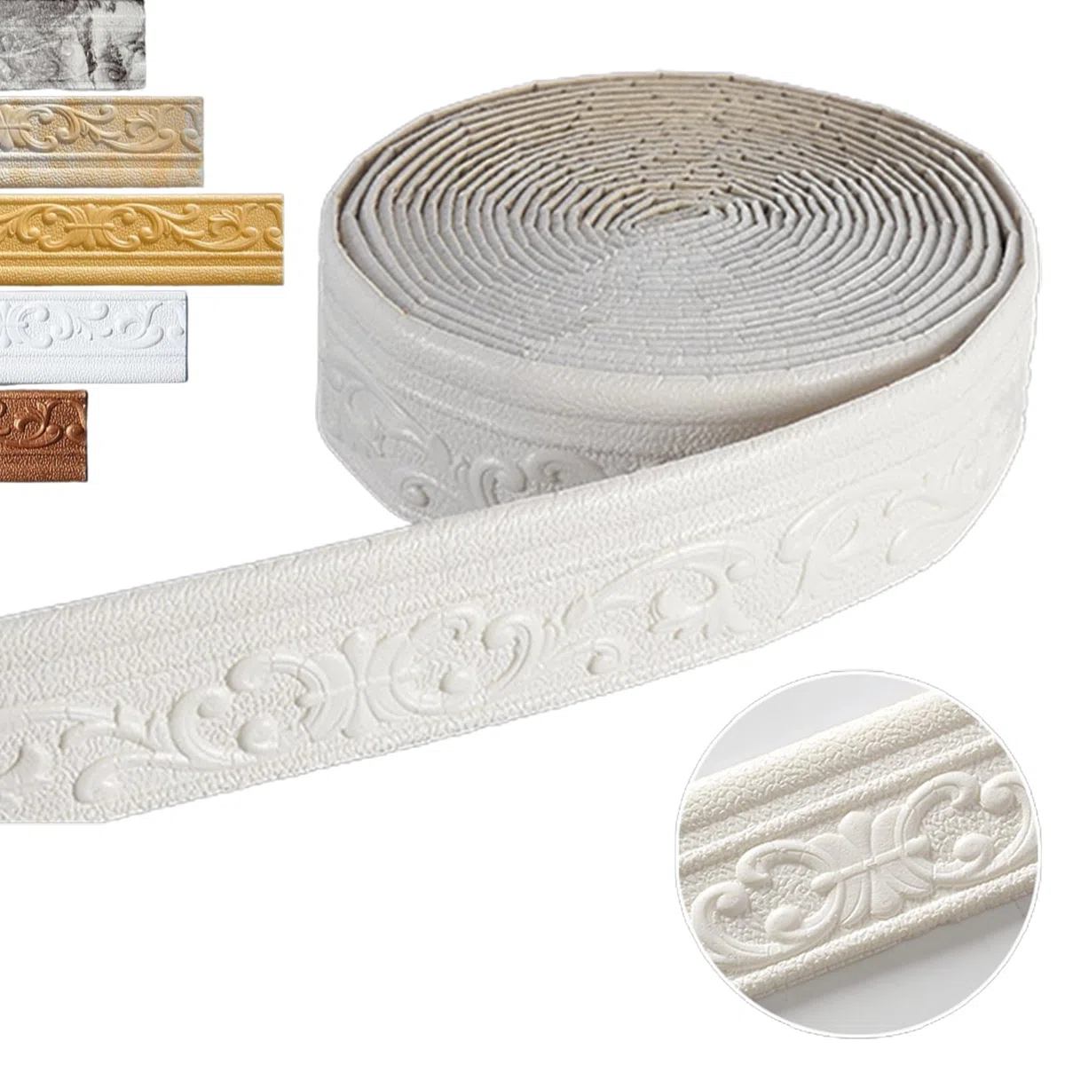 Cenefa autoadhesiva de 10 m x 8 cm x 4 mm, 3D, diseño simétrico, cenefa de pared, anticolisiones, azulejos, borde, rollo para esquinas y líneas (blanco)