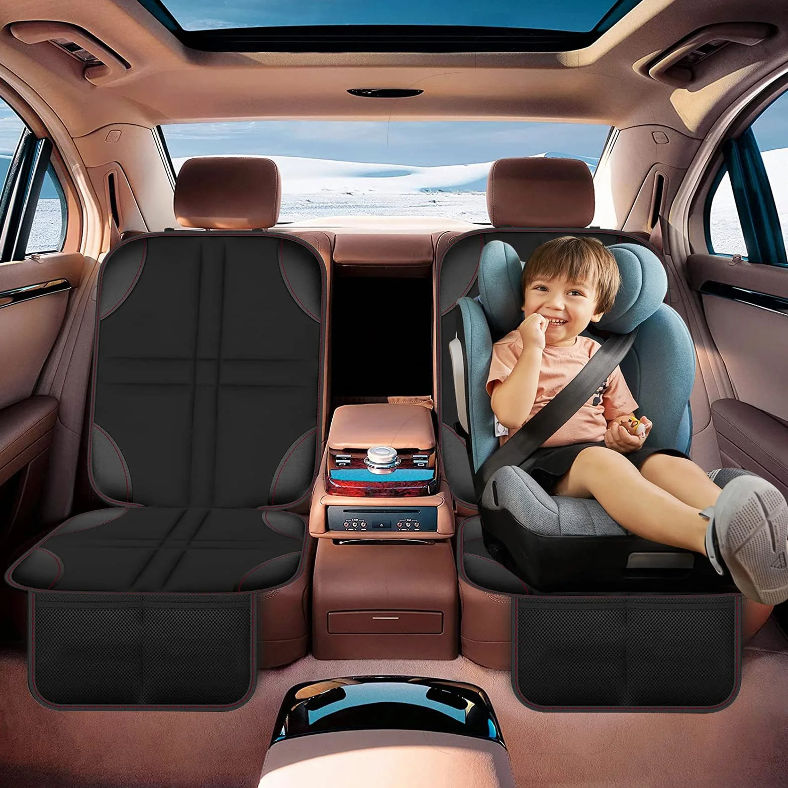 2 Piezas Protector Asiento Coche Silla Bebe, Universal Funda Coche Asiento Compatible Isofix con Organizador Bolsillos, Antideslizante Impermeable Protector Seguro para Asiento Infantil