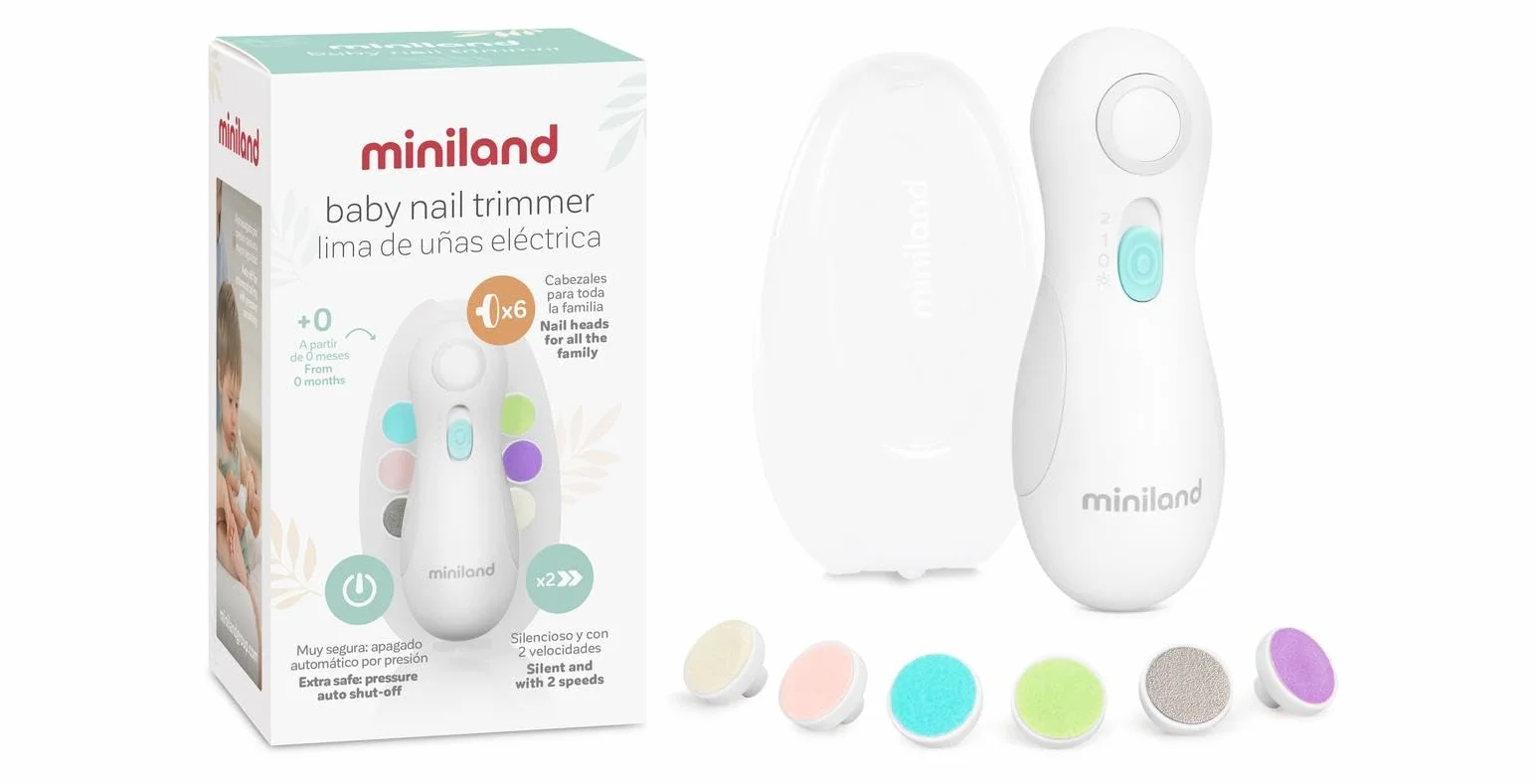 Miniland lima de uñas eléctrica para bebé | Baby Nail Trimmer | Autoapagado, motor silencioso, 6 cabezales intercambiables, estuche de transporte, apta desde el nacimiento, color blanco