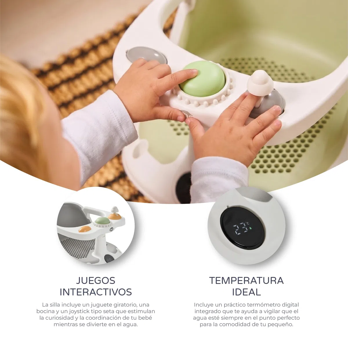 MS BabyWorld Asiento infantil de Ducha para Bebe Antideslizante para niños con TEMPERATURA de 6 a 24 meses, Silla para Bañera o Ducha con Barra para una facil colocacion del bebe (Verde) (Gris)