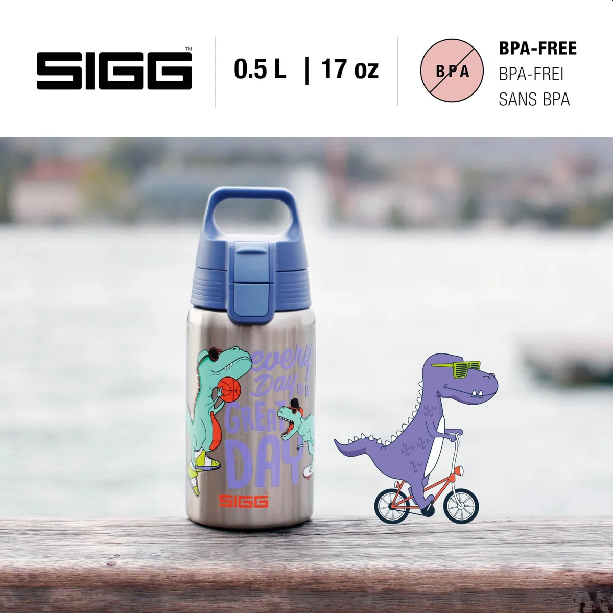 Sigg - Stainless Steel Kids Water Bottle - Shield Great Day - Suitable for Carbonated Beverages - Leakproof - Lightweight - BPA Free - Brushed with Dino - 0.5L