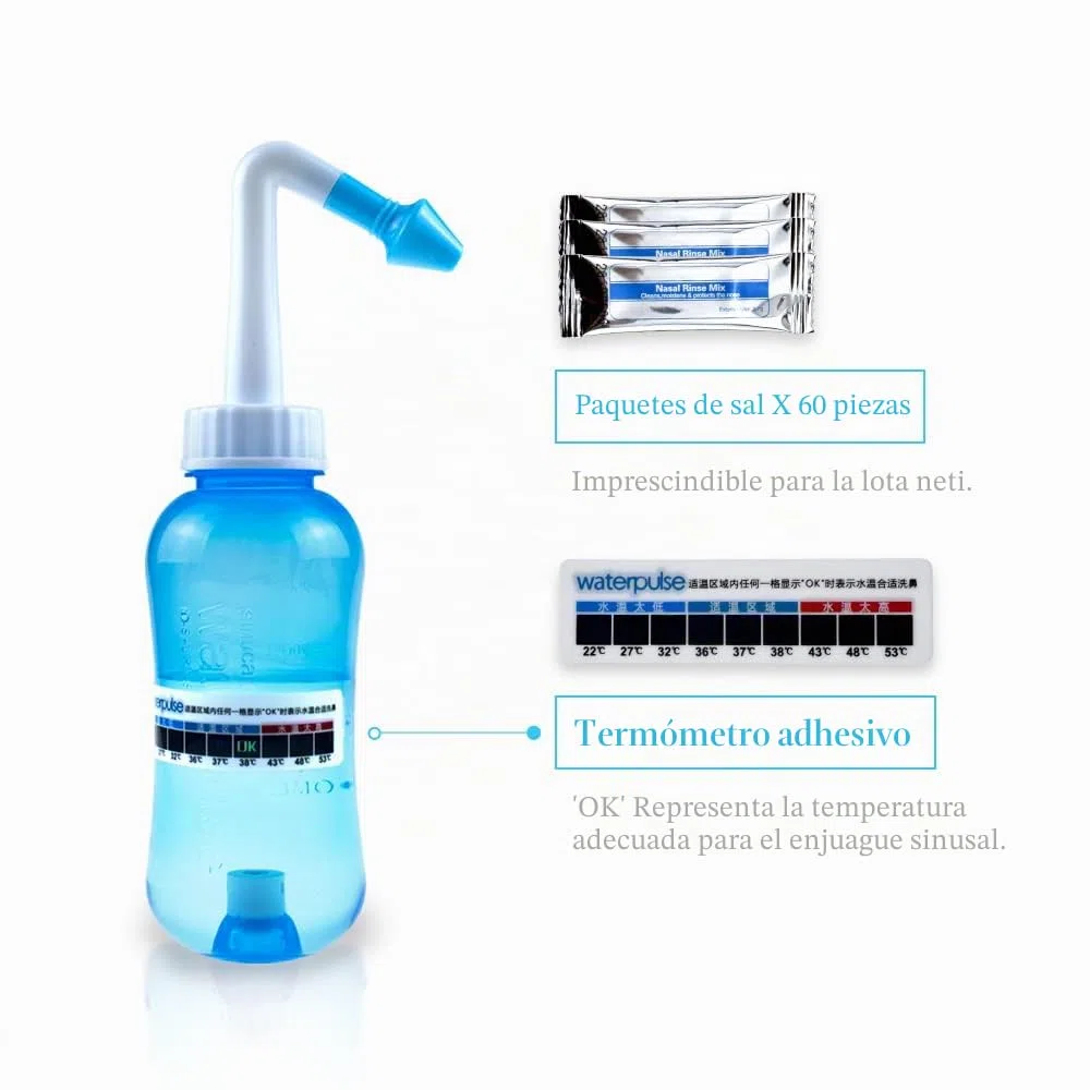 WATERPULSE Neti Pot Sinus Sinusal,300 ml con 60 paquetes de sal,dispositivo de riego nasal,sistema de riego nasal y termómetro adhesivo para adultos y niños,sin BPA