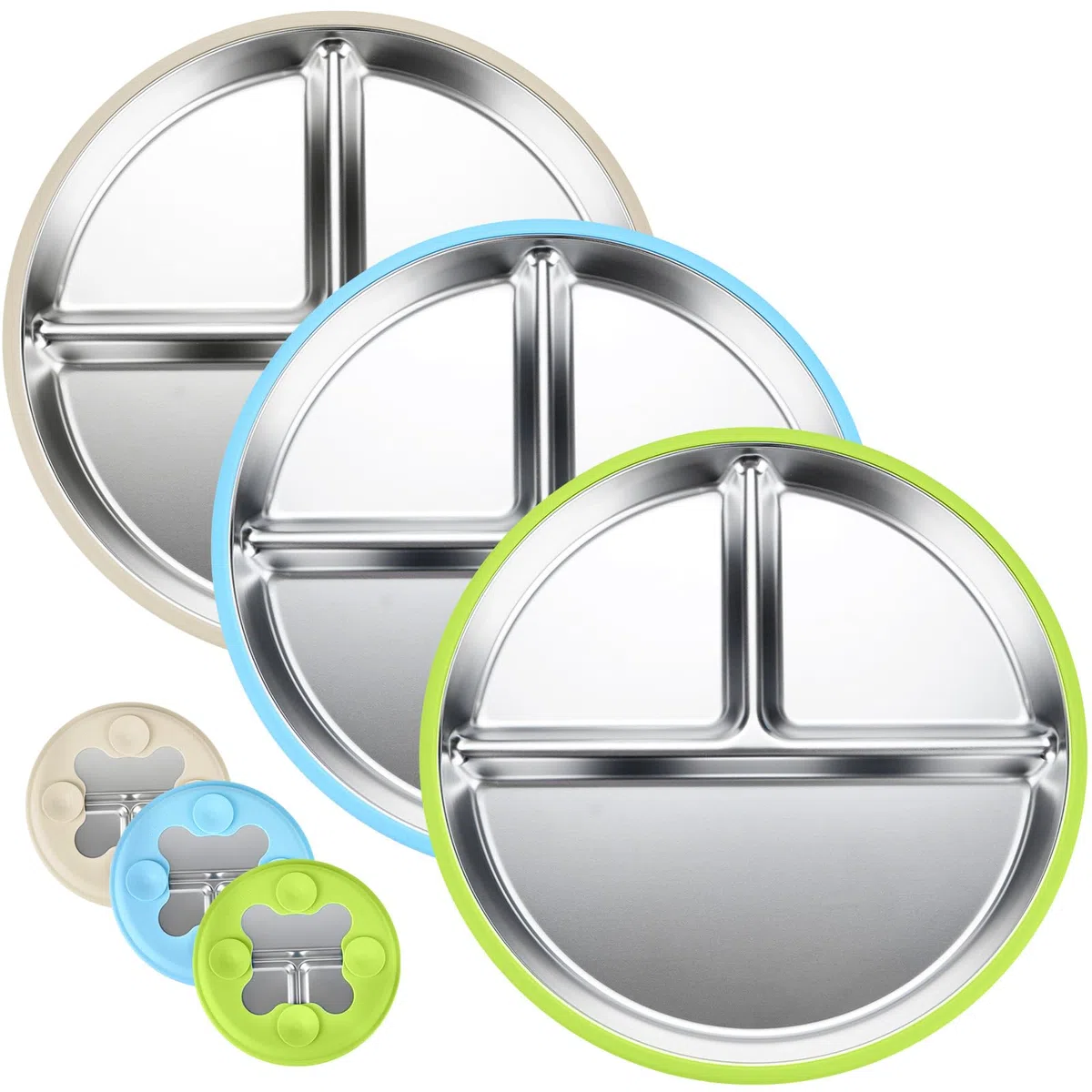 Set de 3 Plato acero Inoxidable Bebe con Ventosa, Irrompible Plato Dividido Antideslizante para Tronas, funda de silicona extraíble Utensilios para Bebé, sin BPA, apto para lavavajillas