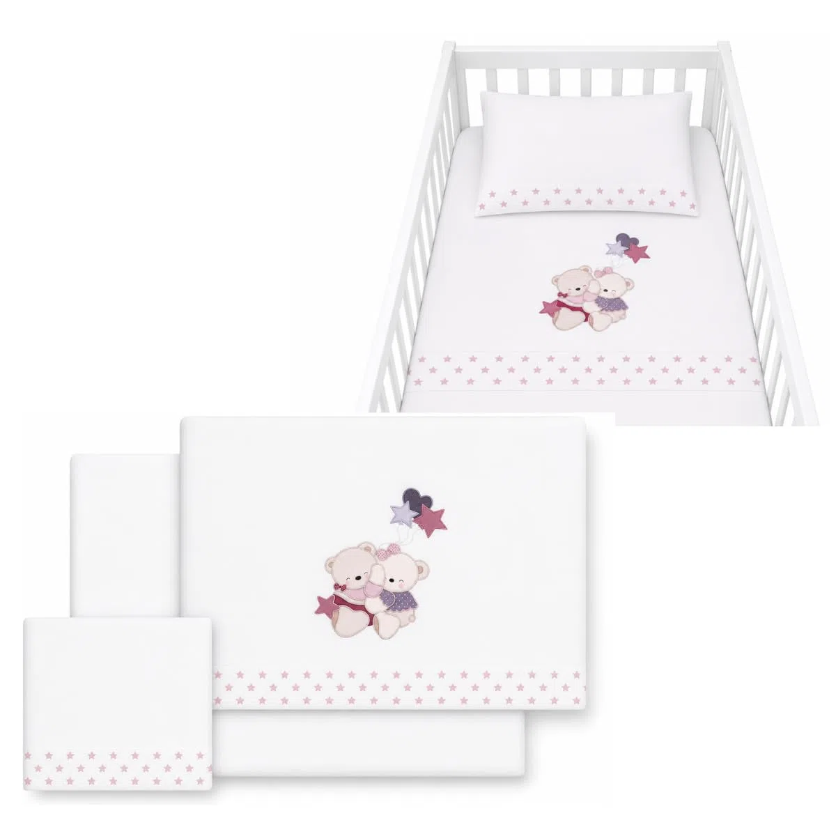 Danielstore Sabanas Cuna 60x120 100% Algodon Set 3 Piezas con Sabana Bajera Transpirable Ajustable Lavable + Funda Almohada Suave Pack para Descanso de Bebes y Recien Nacidos Volamos Baby Rosa