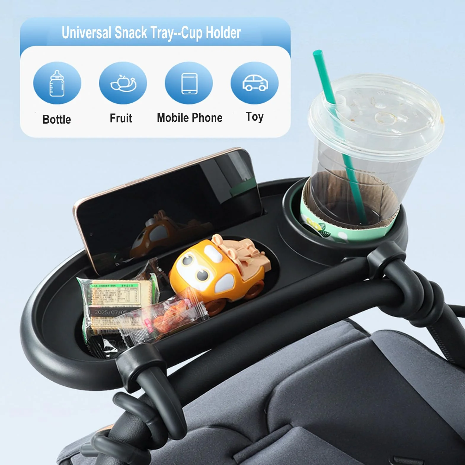 Bandeja Universal para Cochecito de Bebé, Bandeja para Aperitivos, Giratorio 360 Grados, Soporte para Bebidas, Adecuado para la Mayoría de Cochecitos con Reposabrazos