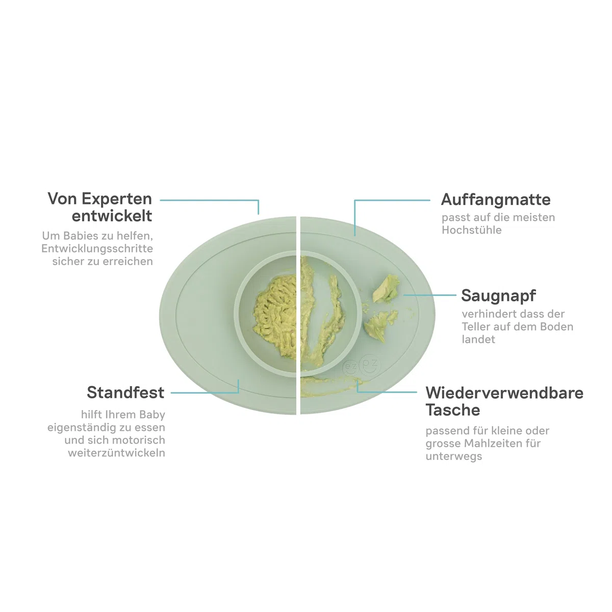 EZPZ Tiny Bowl 4 Meses +. Bowl 100% De Silicona Con Mantel Individual Incorporado Para Primeros Alimentos, Facilita El Baby Led Weaning. Se Adapta A Todas Las Bandejas De Trona, Salvia