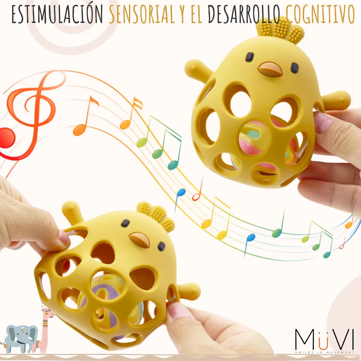 Mordedor bebé sensorial con sonajero y cadena, Mordedor de dentición +3 meses, Silicona alimentaria, suave y sin BPA, Fácil de agarrar y morder, Alivio para encías - Teether (Pack Mango)