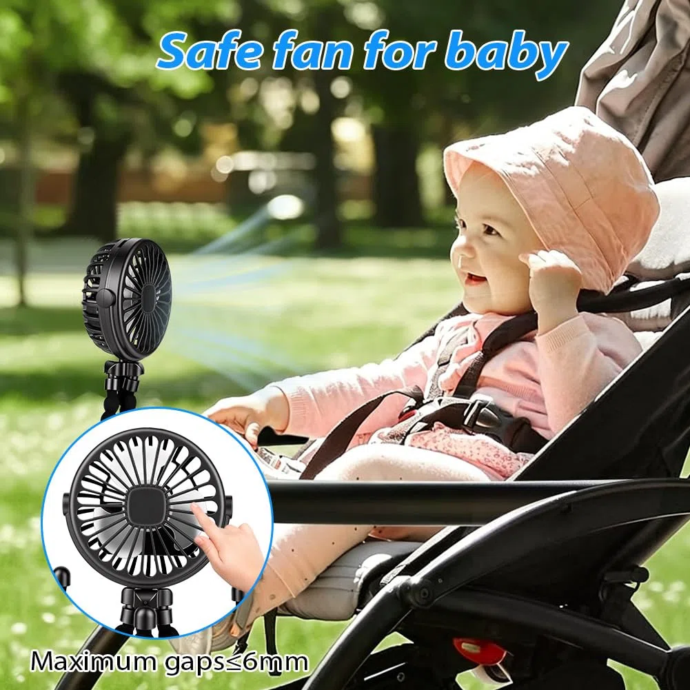 Vicloon Ventilador Portátil para Cochecito, Soporte Flexible para Trípode, Mini Ventilador Portátil con Uno Luces y 3 Velocidades, para Cochecito, Cuna,Oficina, Viaje(Negro)