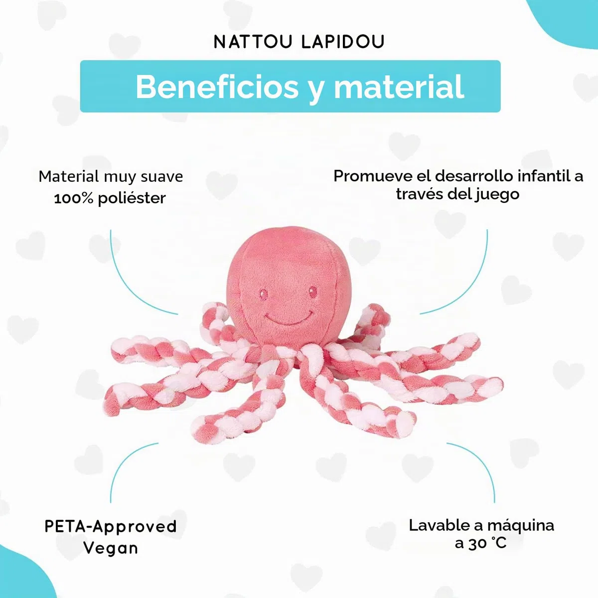Nattou Peluche de Pulpo, Para recién nacidos y prematuros, 23 cm, Rosa