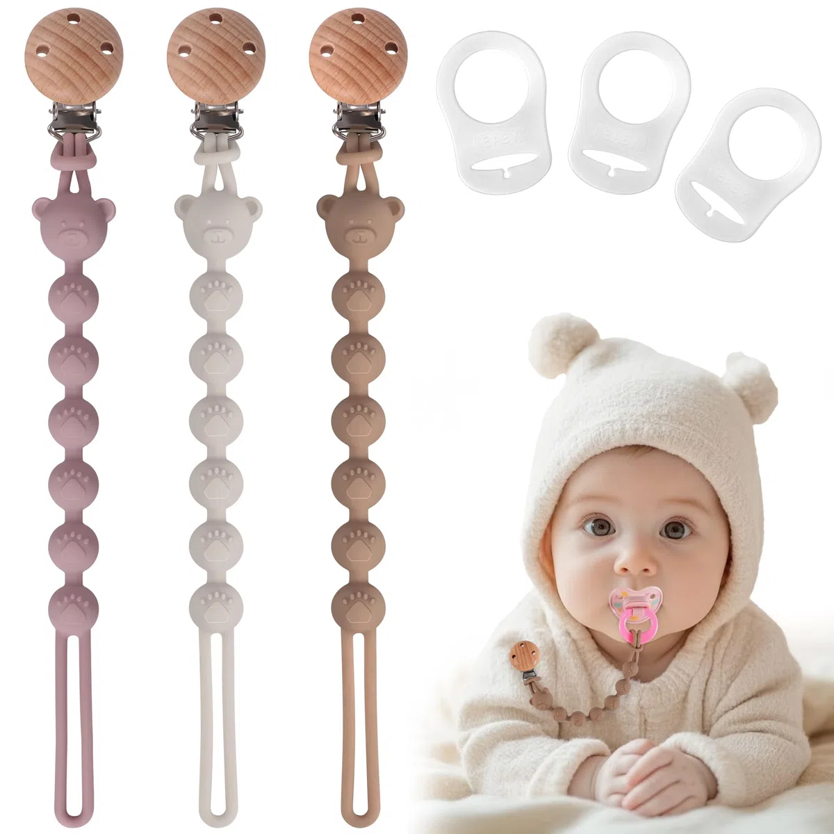 Pack de 3 Cadena Chupete Bebe de Silicona, Porta Chupetes Bebe de Una Sola Pieza para Niñas y Niños, Chupetero Sin BPA, Flexible y Robustez (Rosa Marrón Gris)