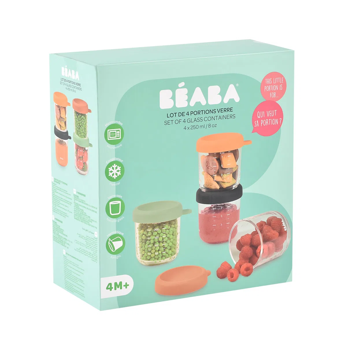 BÉABA, Lote de 4 Tarros de Conservación para Bebé, Porciones en Cristal, Resistente al calor, Recipientes para guardar la comida de Bebé, Con indicador de cantidad, 250 ml, Sunrise