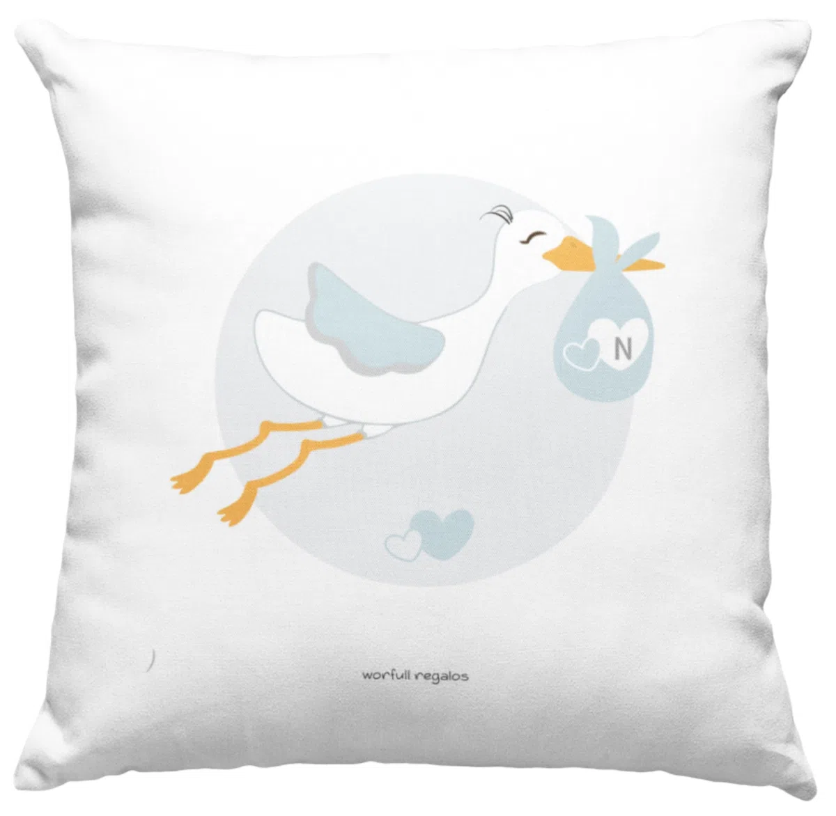 Cojín Personalizado Azul Nacimiento de Bebé con Cigüeña 40x40cm. Personaliza Nombre, Peso, Fecha, Altura, Nombre papás. Disponible para Niño y Niña. Funda Lavable. 100% Polyester