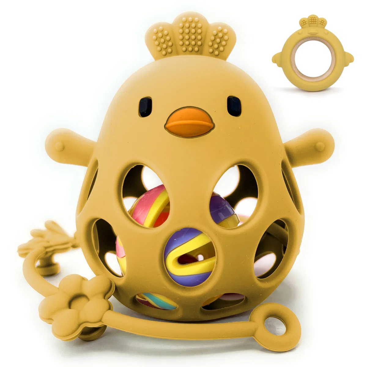 Mordedor bebé sensorial con sonajero y cadena, Mordedor de dentición +3 meses, Silicona alimentaria, suave y sin BPA, Fácil de agarrar y morder, Alivio para encías - Teether (Pack Mango)