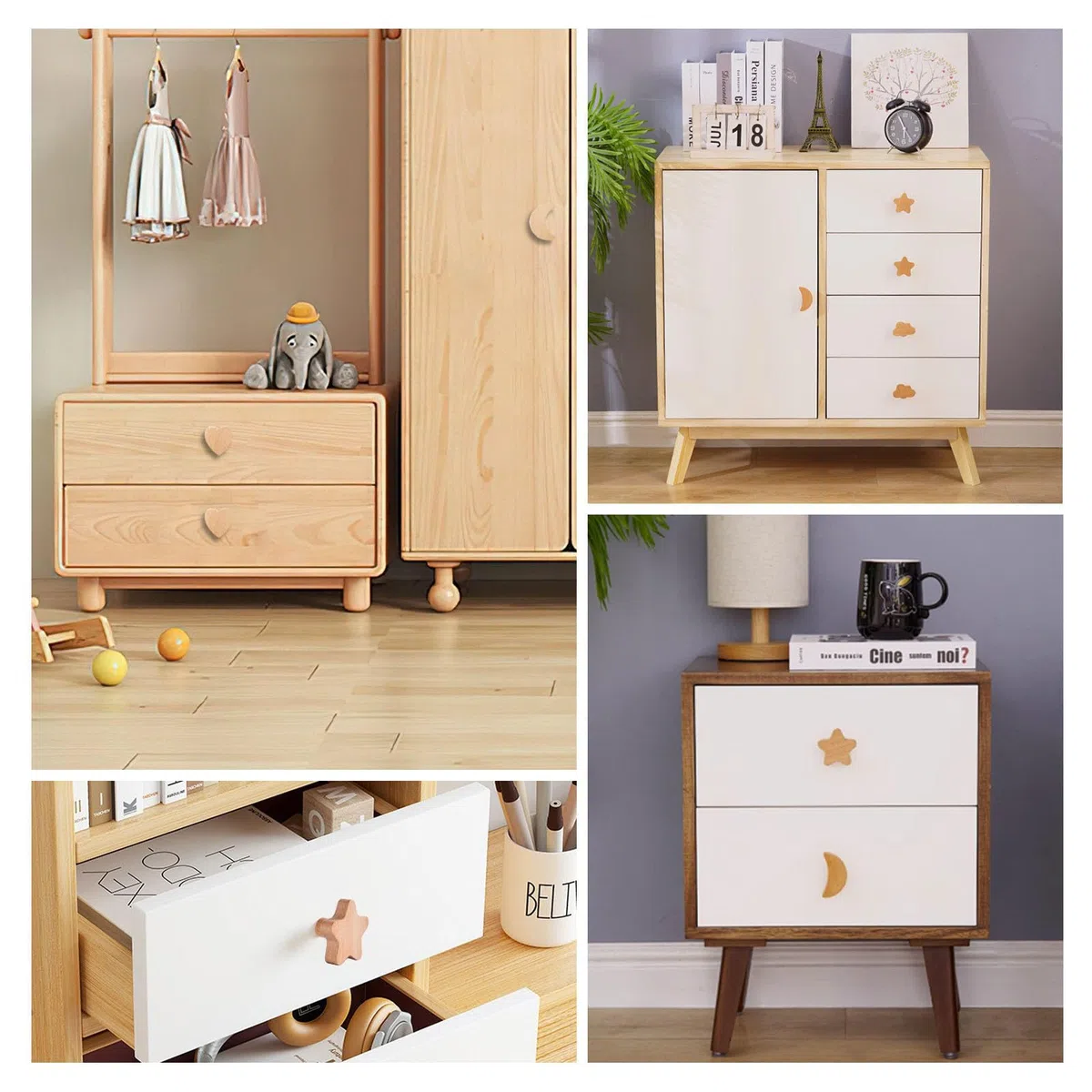 Jolan 6 Piezas Tiradores De Armario,Tiradores Cajones,Manillas Estrellas/Luna/Nubes/Melocotón Corazón Tiradores De Muebles,Pomos De Armario De Madera,Tiradores De Puerta Con Tornillos,Star