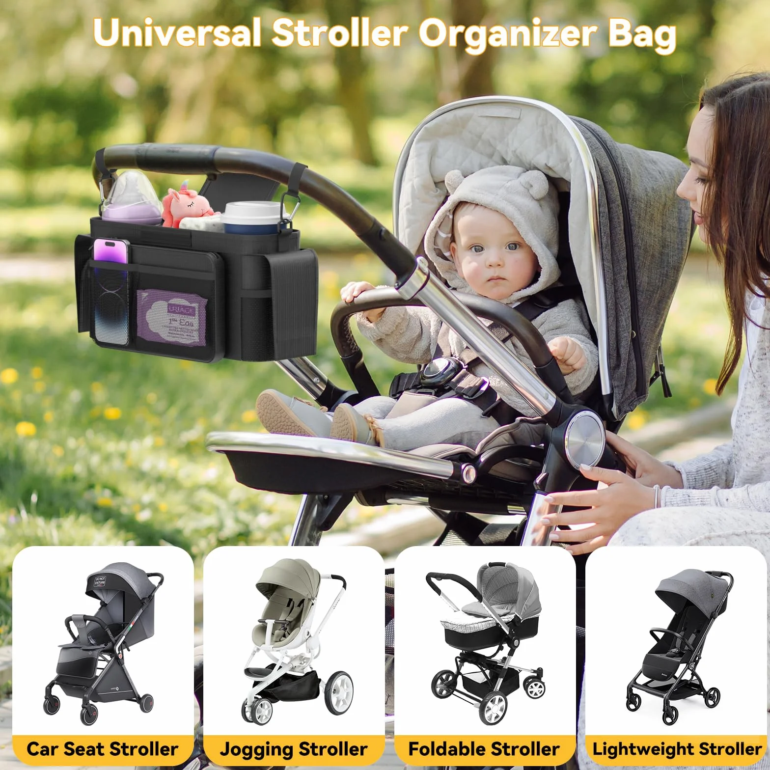 KDD Bolso Carro Bebé con Portavasos Aislado, Bolsa Carro Bebé con Bolsillo de Cremallera Desmontable y Correa de Hombro Ajustable, Bolso Organizador para Silla de Paseo para Cochecitos, Bugaboo, Doona