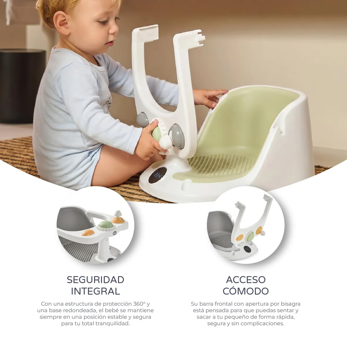 MS BabyWorld Asiento infantil de Ducha para Bebe Antideslizante para niños con TEMPERATURA de 6 a 24 meses, Silla para Bañera o Ducha con Barra para una facil colocacion del bebe (Verde) (Gris)