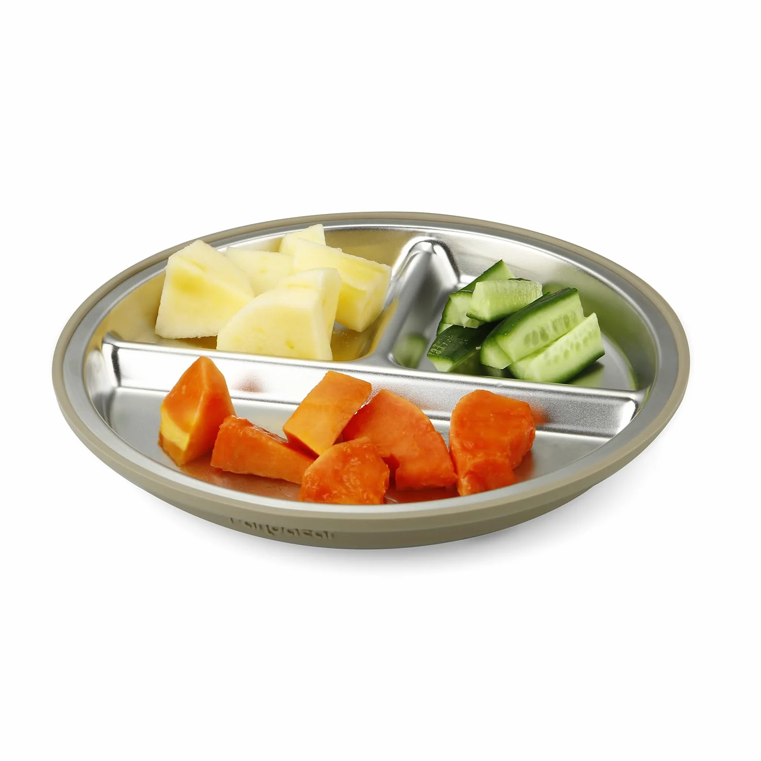 PandaEar Set de 2 Platos de Acero Inoxidable con Ventosa para Bebé y Set de 2 Cucharas y Tenedores, Utensilios para Bebé, Platos Divididos para Alimentación Autónoma, Sin BPA (Beige/Nogal)
