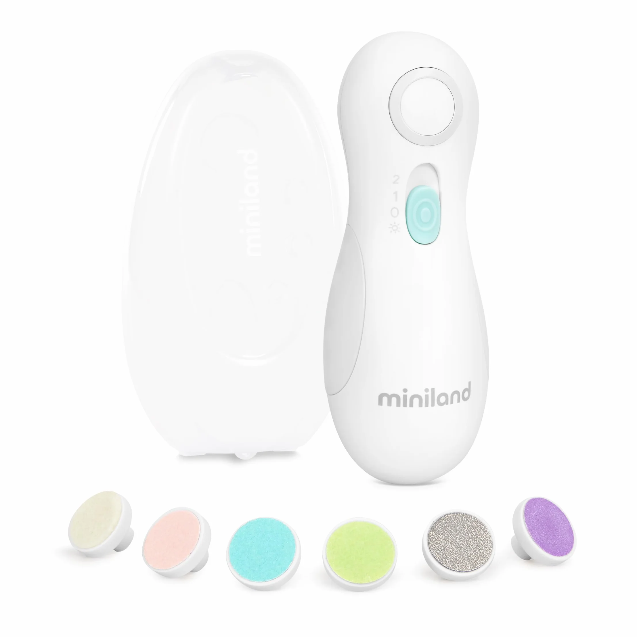 Miniland lima de uñas eléctrica para bebé | Baby Nail Trimmer | Autoapagado, motor silencioso, 6 cabezales intercambiables, estuche de transporte, apta desde el nacimiento, color blanco