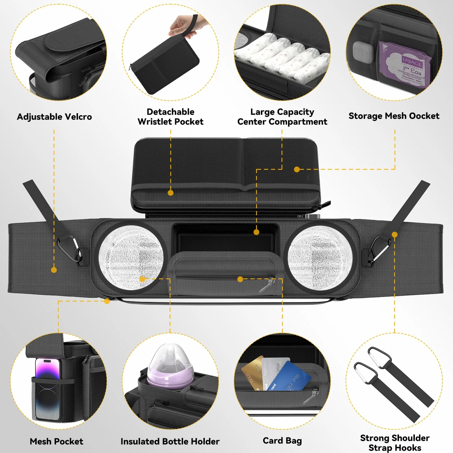 KDD Bolso Carro Bebé con Portavasos Aislado, Bolsa Carro Bebé con Bolsillo de Cremallera Desmontable y Correa de Hombro Ajustable, Bolso Organizador para Silla de Paseo para Cochecitos, Bugaboo, Doona