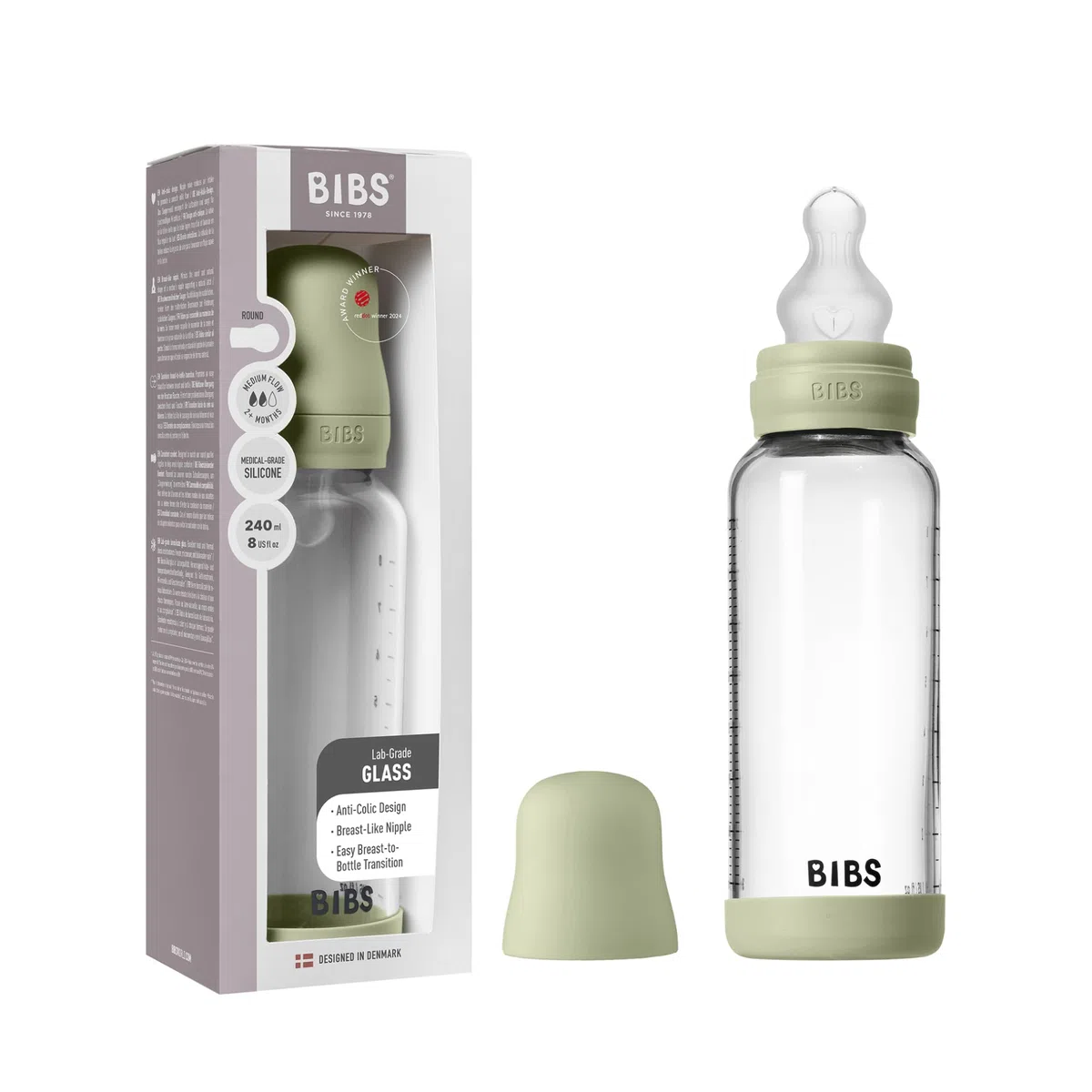 BIBS Baby Glass Bottle. Anticólicos. Tetina redonda de Silicona. Favorece la lactancia natural, 240ml, Complete Set - Sage