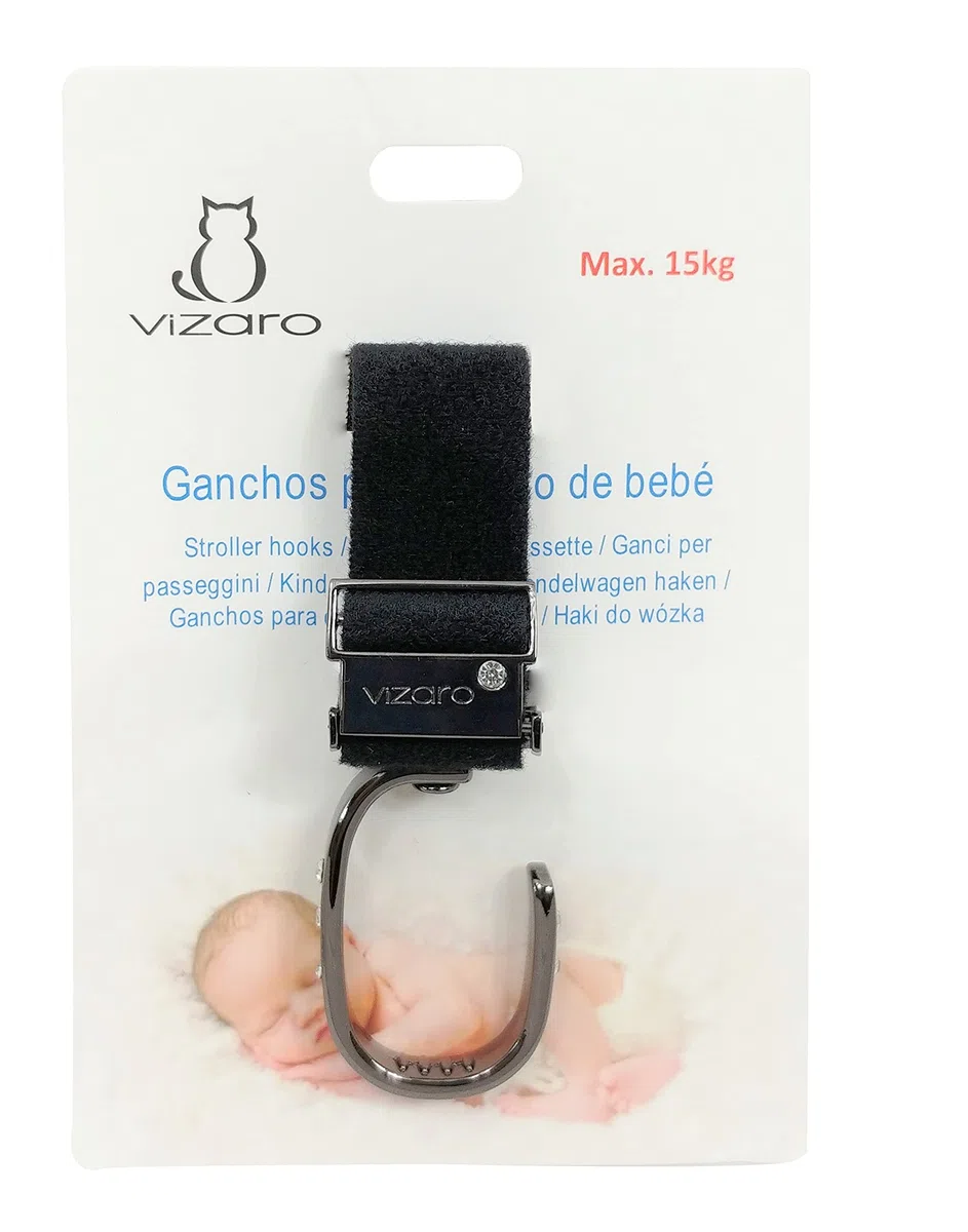 Ganchos Carro Bebé Luxe Titanium by Vizaro - 2 uds - Para Colgar Bolsas, Mochilas, etc - Alta Resistencia Hasta 15kg Peso y Giro 360º - Incluye Correa de Repuesto - Regalo Original Recién Nacido