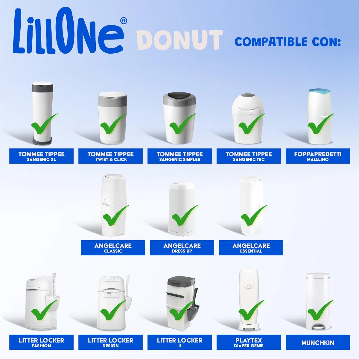 LillOne Donut 12 Recambios Universales Extra Largos para Cubos de Pañales – Nueva Fórmula Anti-Olor – Compatibles con Tommee Tippee, Sangenic, Angelcare, LitterLocker y Otros – Película de 5 Capas