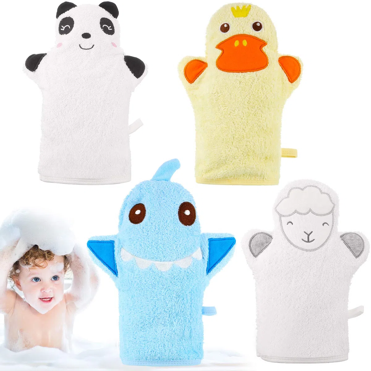 Shappy 4 Piezas Guantes de Baño de Bebé Guantes de Paño Diseñado en Bonito Estilo Animal Lindo Toalla de Algodón Exfoliante Suave de Oveja Panda Tiburón Pato Amarillo para Bebé Niños Baño y Ducha