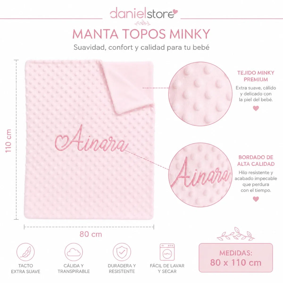 Danielstore Manta Bebé Personalizada Bordada 80x110 cm – Manta Minky Topitos Extra Suave para Cuna, Minicuna y Carrito – Arrullo para Recién Nacido – Regalo Baby Shower